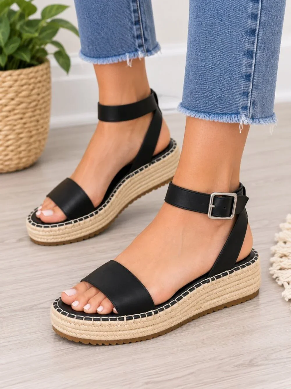 Steve Madden Black Espadrille Platform Sandals Ankle Strap Size 8.5
